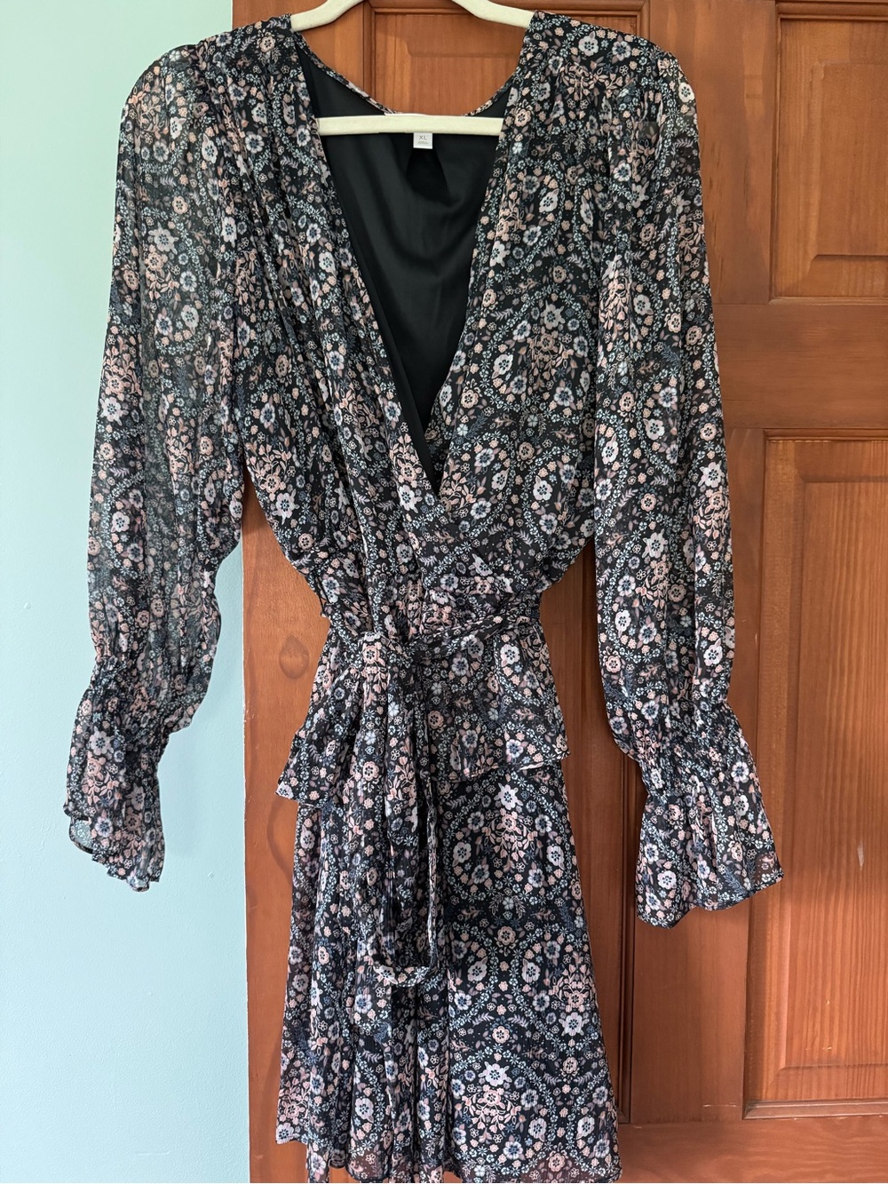 LC Lauren Conrad Black Floral Wrap Dress with Pink Accents